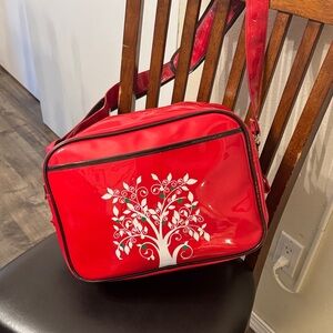 Retro Lipstick Red Vinyl Bowler Bag Crossbody W/ Tree Design Adjustable Strap